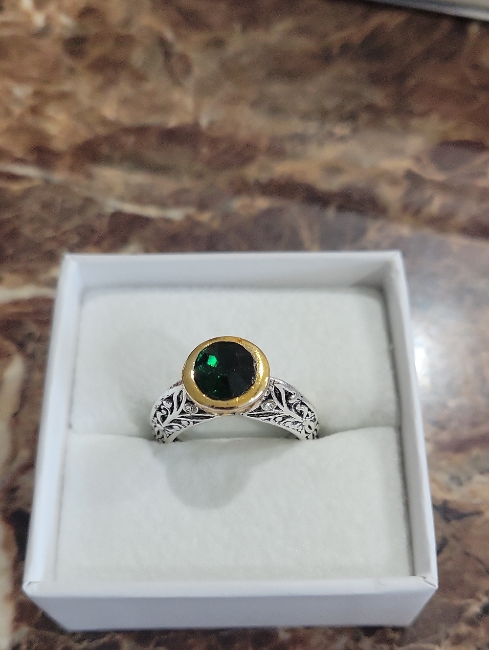Silver Filigree Ring with Green Gemstone and Gold Accent